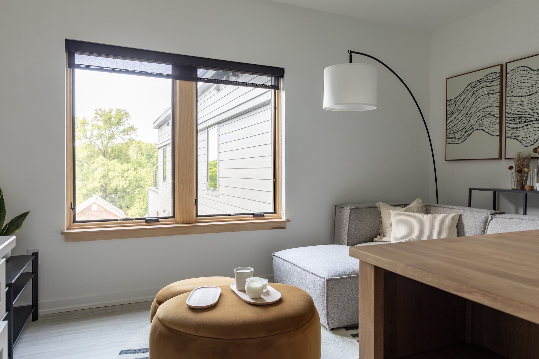 a living room with a couch and a table